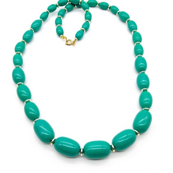 Vintage Teal Lucite Graduated Necklace with Oblong Beads and Silver Tone Spacer - Picture 3 of 3